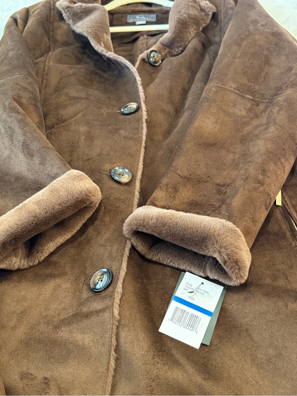 Gallery Faux Suede Faux Shearling Hooded Long Coat Brown XL NWT - Picture 5 of 13